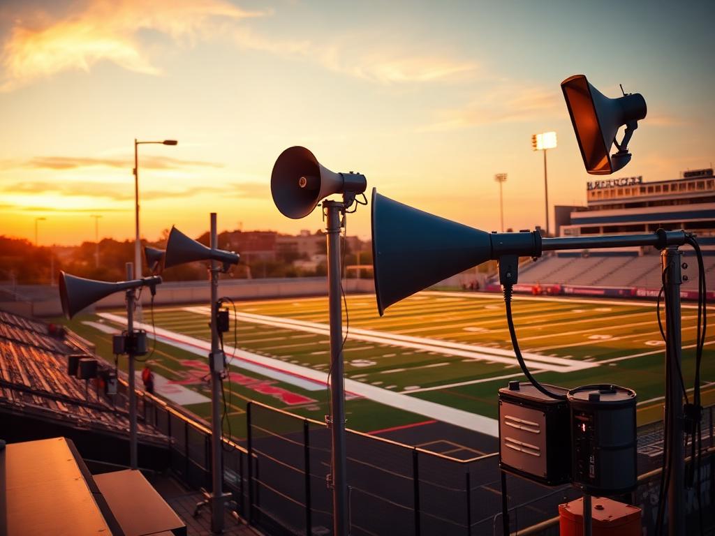 Stadium PA speaker array mounted on poles for clear game-day announcements at a South Texas sports venue