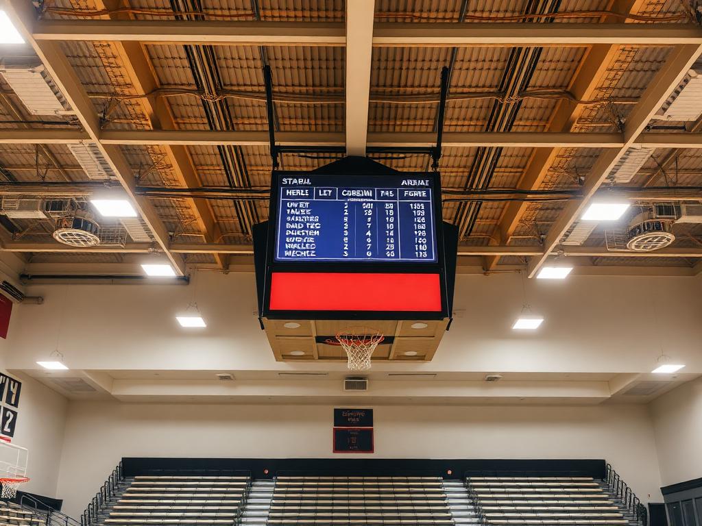 Compact indoor arena hanging scoreboard showing basketball game stats in a South Texas gymnasium